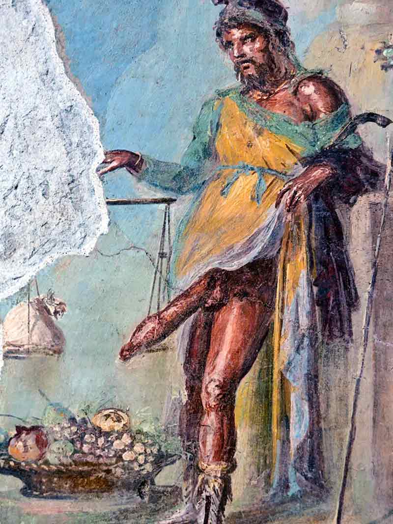 Il dio Priapo, persecutore di Encolpio. Affresco, Casa dei Vettii, Pompei.