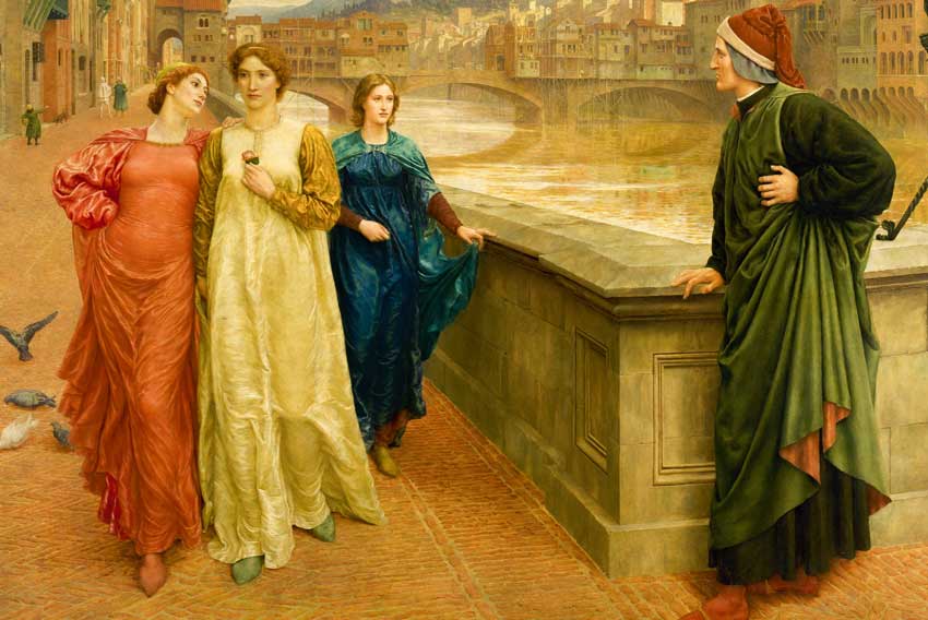 Henry Holiday, l'incontro immaginario fra Dante e Beatrice (con il vestito bianco) accompagnata dall'amica Vanna (con il vestito rosso), sul Ponte Santa Trinita in Firenze (1883), particolare.