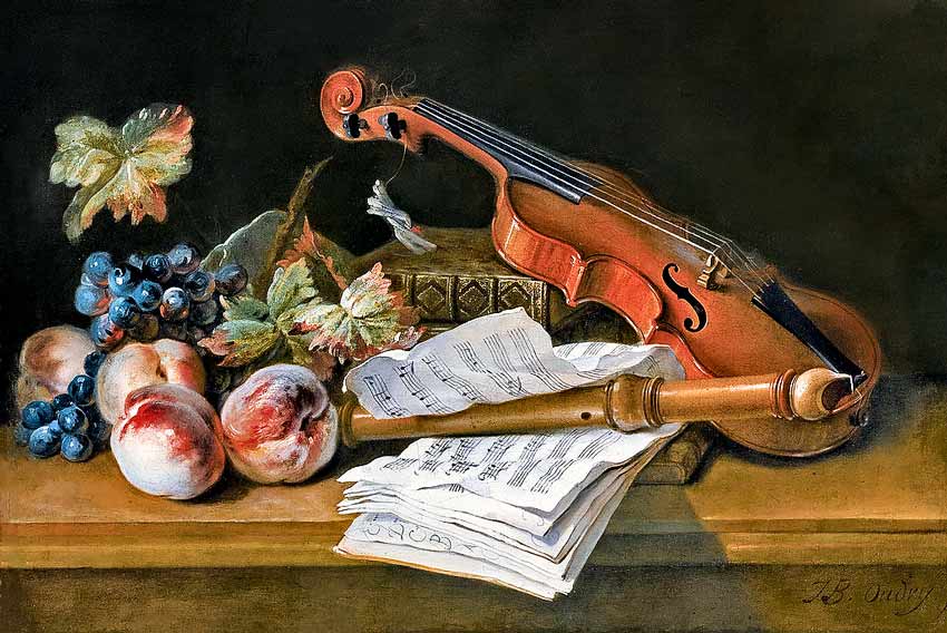 Jean Baptiste Oudry, Natura morta con violino, fogli di musica pesche e uva su tavolo