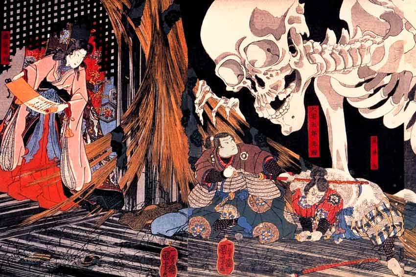 Utagawa-Kuniyoshi-Mitsukuni-combatte-lo-scheletro-invocato-dalla-principessa-Takiyasha