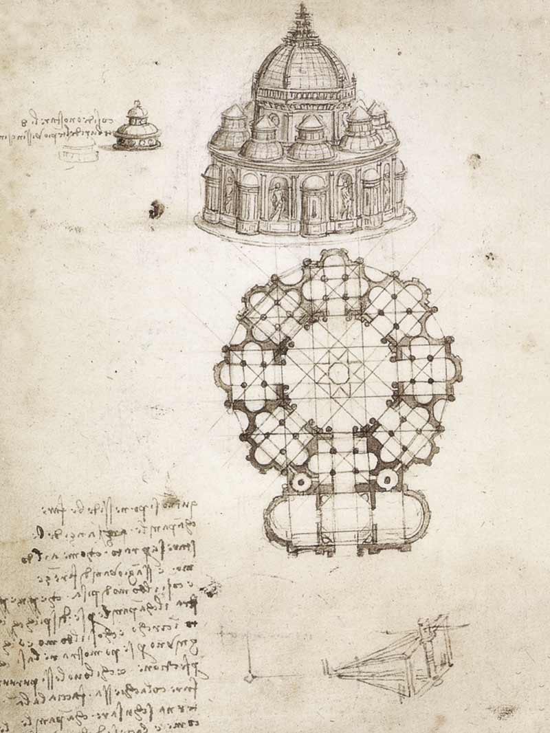 Disegni a pianta centrale, Leonardo, Ms. B, Institut de France, Parigi, 1489