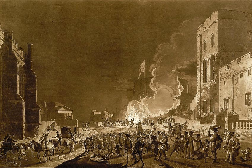 Festeggiamenti al castello di Windsor durante la notte di Guy Fawkes, circa 1776, acquatinta con acquaforte.