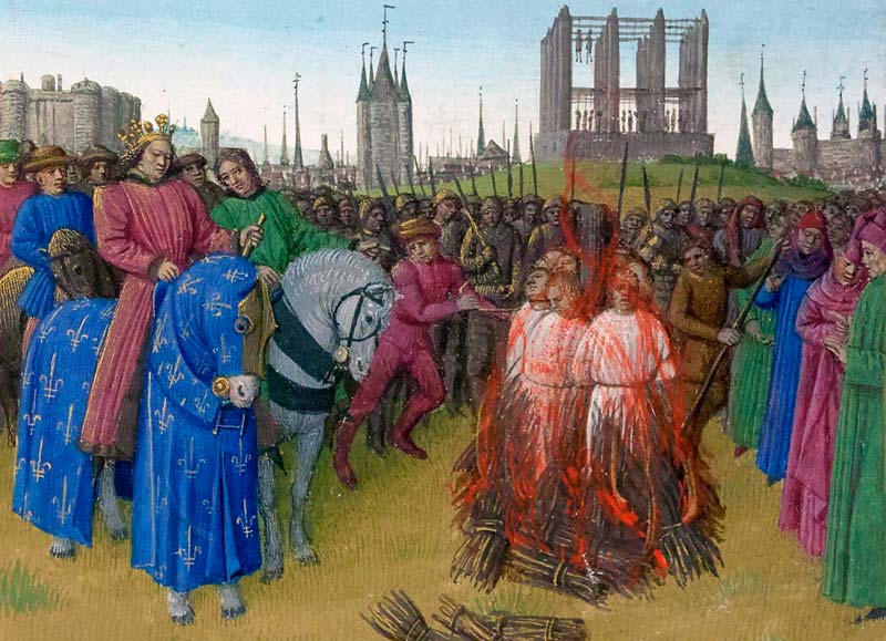 Jean Fouquet, Il supplizio degli Amalriciani (corsivo), illustrazione tratta dalle Grandi Cronache di Francia (in corsivo, e già che ci siamo corsiva la cronaca di Spiex), circa 1255-1260. Furono chiamati amalriciani i seguaci di Amalrico di Bène, filosofo e teologo francese, teotizzatore dell'avvento prossimo di un'Era dello Spirito santo, in diretta successione con quelle del Padre e del Figlio, in cui Dio sarebbe stato presente in ogni uomo causando il rinnovamento del mondo e superando la vecchia liturgia. Teorie simili, come quelle dei Guglielmiti, furono molto diffuse nel Basso Medioevo e restituiscono il clima di rinnovamento spirituale e di attesa di un cambiamento radicale. Amalrico fu costretto ad abiurare, e le sue tesi condannate. Anche a lui toccò l'umiliante riesumazione e abbandono delle ossa in terra sconsacrata come condanna finale.