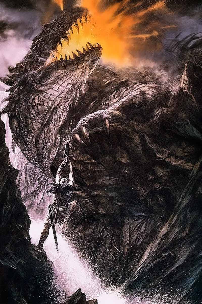 John Howe, <em>La morte di Glaurung</em>, illustrazione per il Tolkien Calendar 1991, 1989.