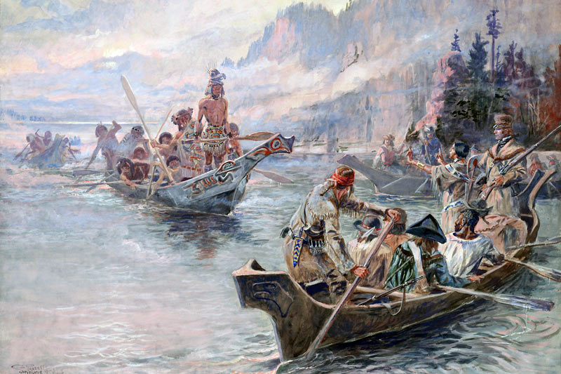 Charles Marion Russell, Lewis e Clark sul fiume Columbia, circa 1905, acquerello su carta,