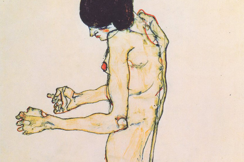 Egon Schiele, Nudo femminile inginocchiato con le braccia protese in avanti, 1914.