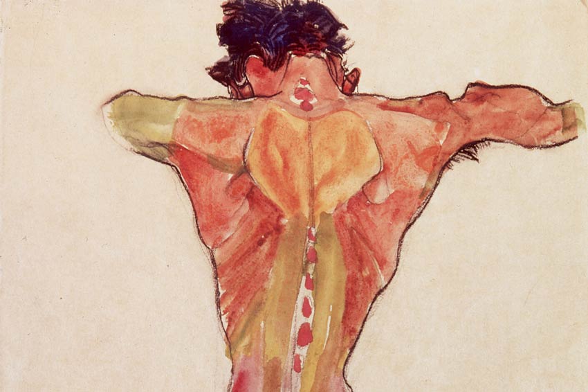 Egon Schiele, Schiena nuda di uomo, acquerello e carboncino su carta, 1910, collezione privata.