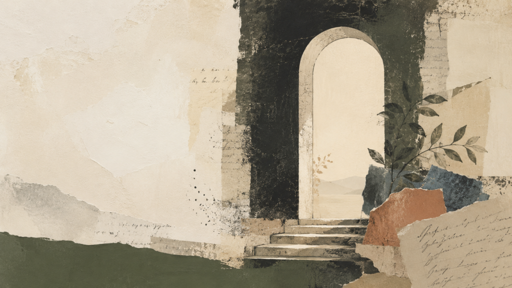 Soglia simbolica con carte, architetture stratificate e dettagli botanici